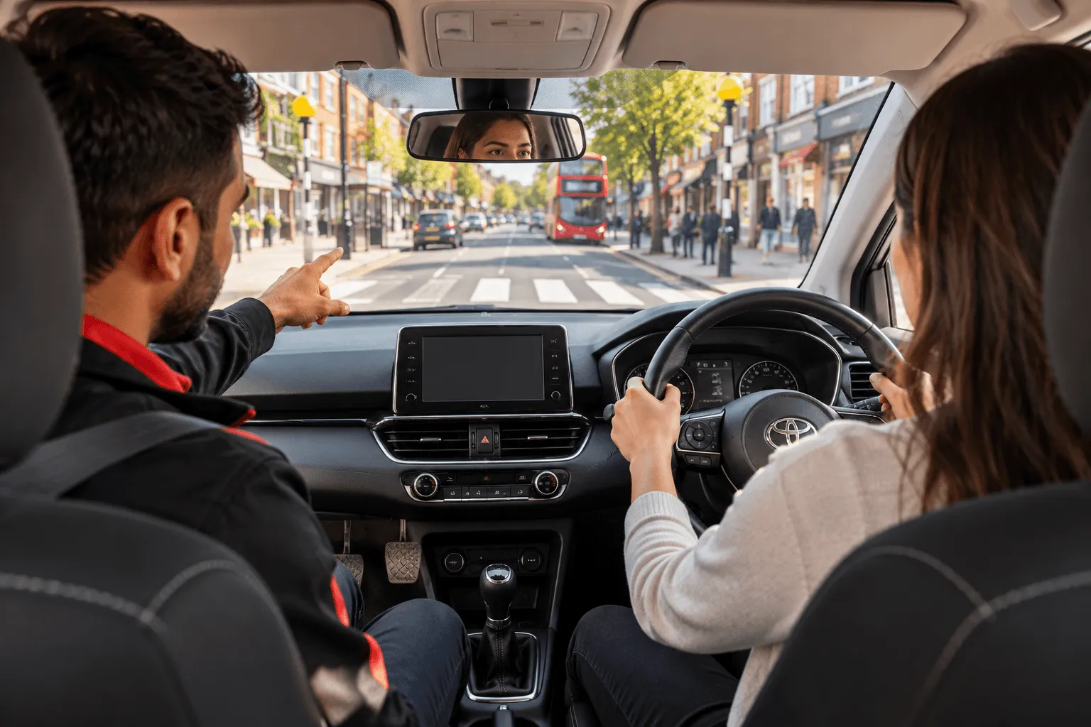 Driving instructor beside a learner in a dual-control car during a lesson in South London