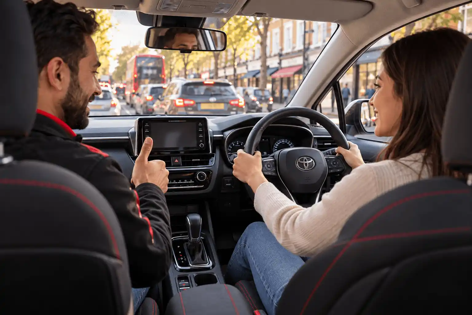 Relaxed learner driving an automatic BNM car in South London traffic with an instructor beside them