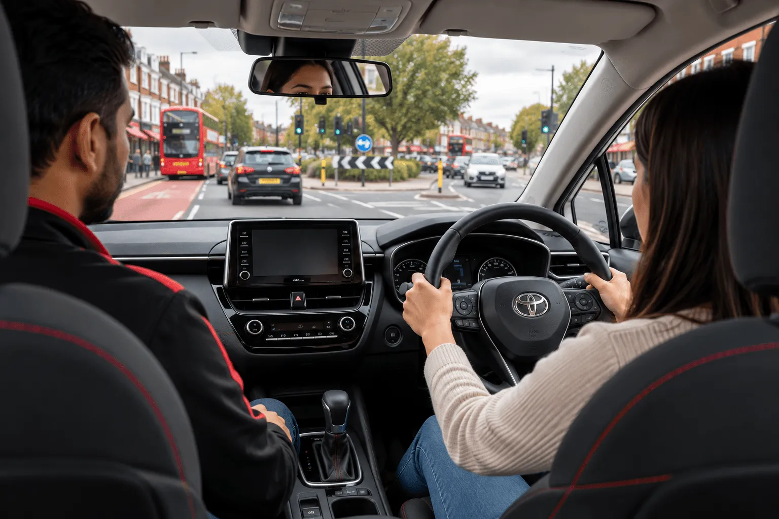 Learner driver on a busy South London test route with bus lanes and a roundabout