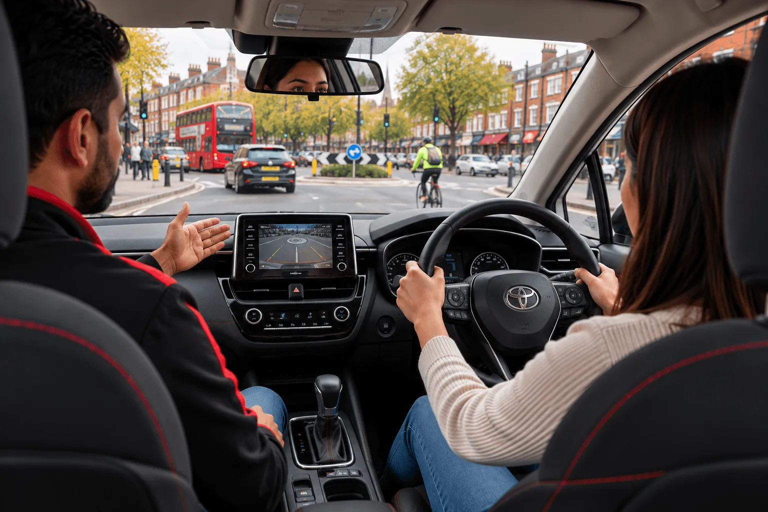 Learner driving on a busy South London high street while the instructor gives directions