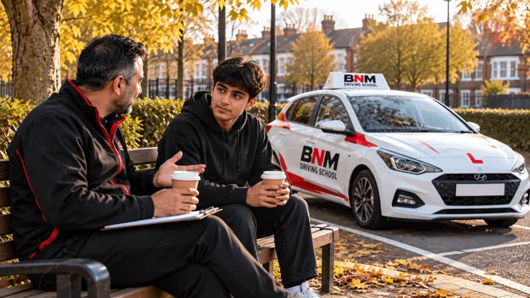 Learner and driving instructor taking a coffee break on a bench during an intensive driving course