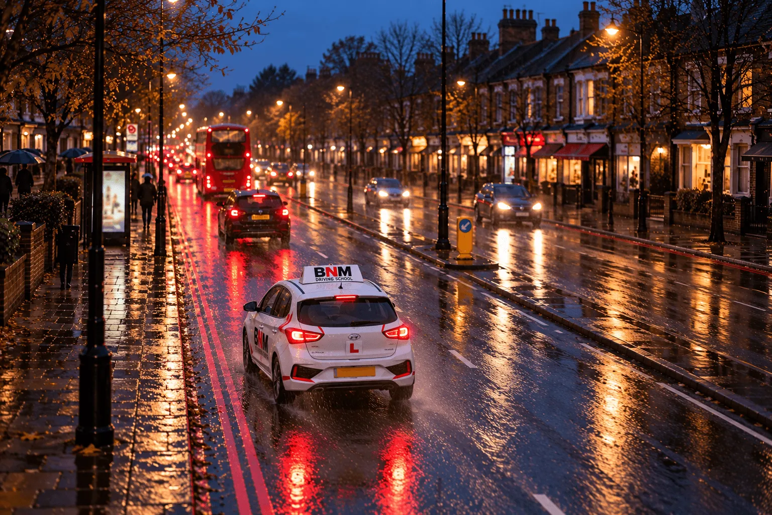 Learner car with headlights on driving along a wet South London road at dusk