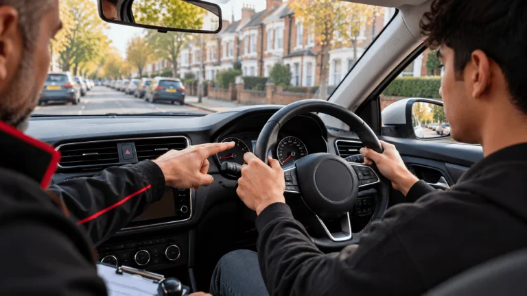 Instructor points to the dashboard as a learner holds the wheel on a first driving lesson