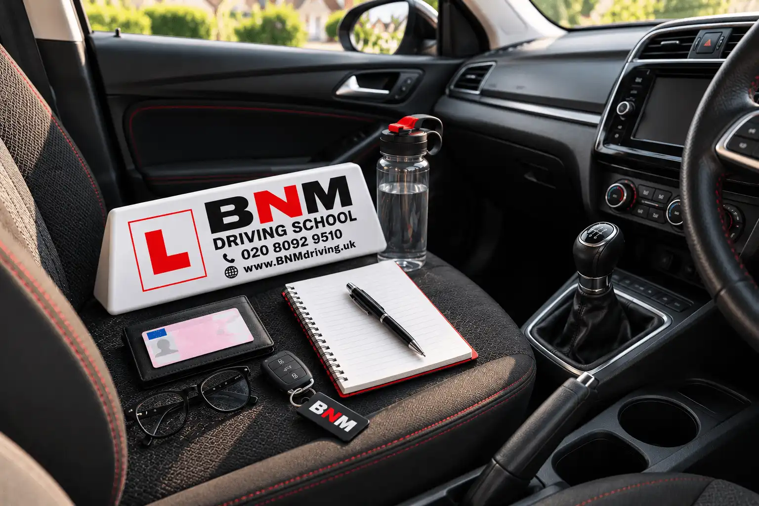 BNM roof sign, provisional licence, glasses, water and notebook on a learner car's passenger seat