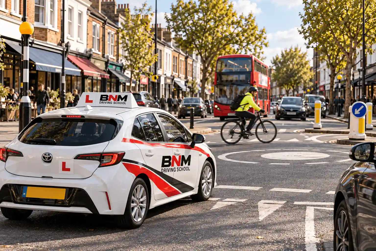 BNM learner car waiting at a mini roundabout on a busy South London street with a cyclist and a red bus