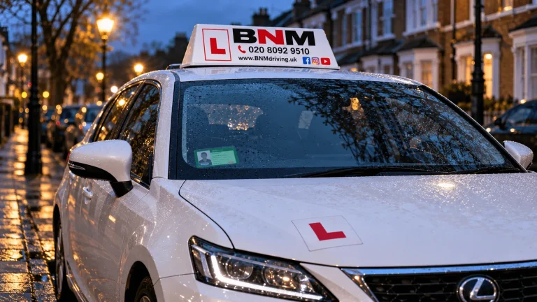 Green ADI badge in the windscreen of a BNM learner car parked on a wet South London street