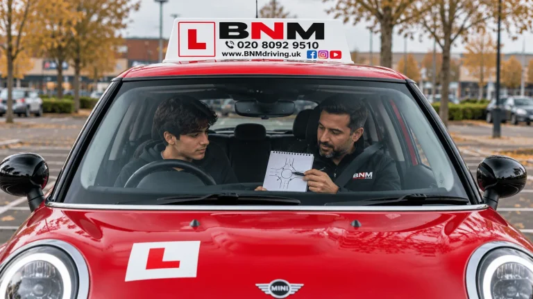Driving instructor sketching a roundabout for a learner inside a red BNM Mini during a lesson