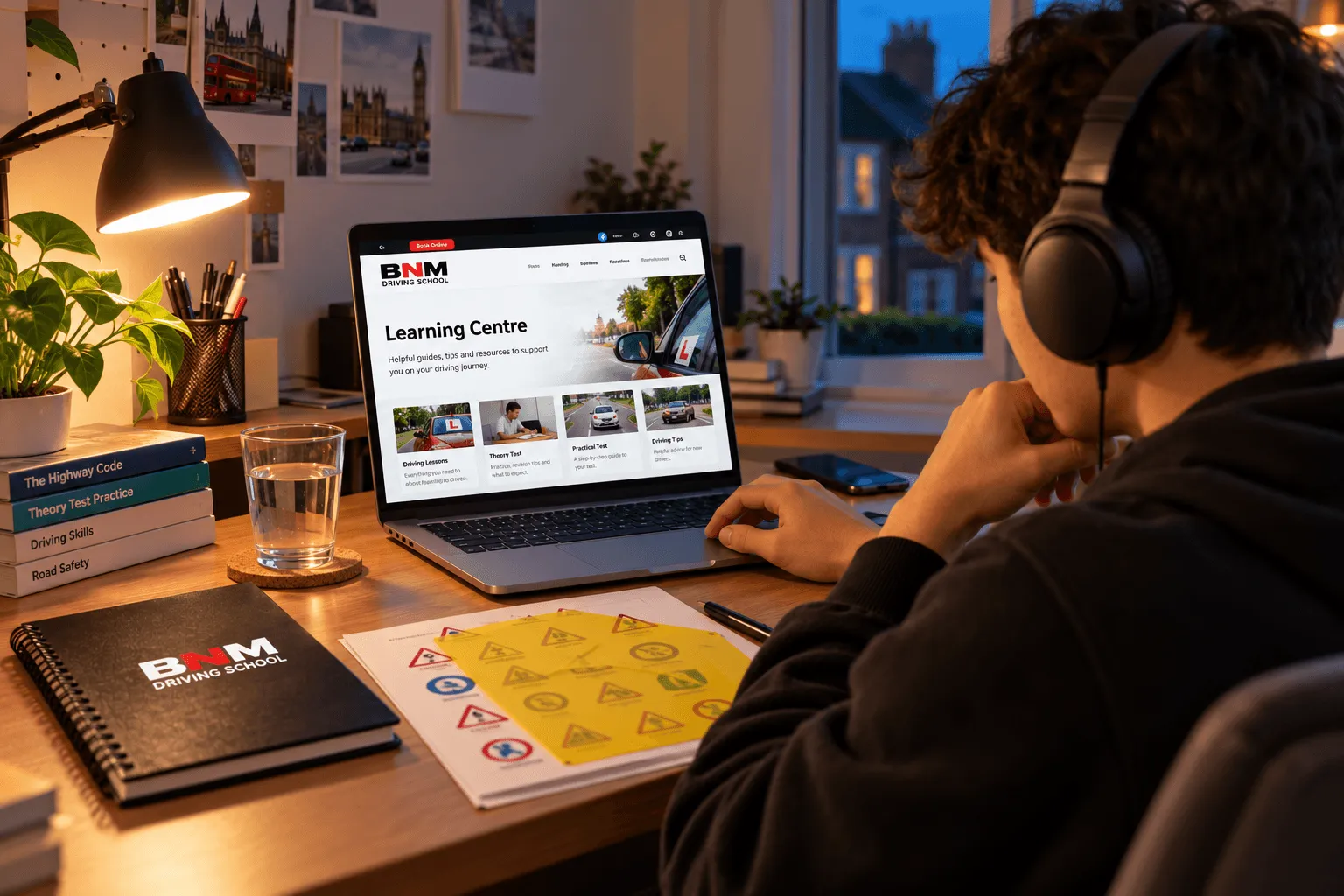 Learner with headphones revising for the driving theory test on a laptop beside a BNM notebook